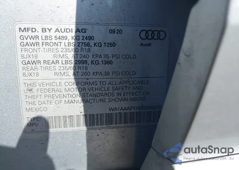 2021 Audi Q5 Premium 45 Tfsi Quattro S Tronic z USA, uszkodzony, nr VIN WA1AAAFYXM2005375